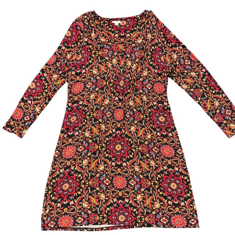 J. Jill Dress Womens XL Red Black Mandala Paisley V-Neck Long Sleeve A-Line Boho